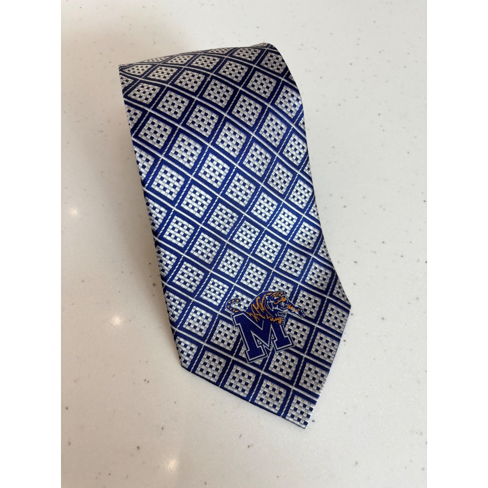 Eagles Wings University of Memphis Tigers Silk Necktie Blue Silver Geometric Log